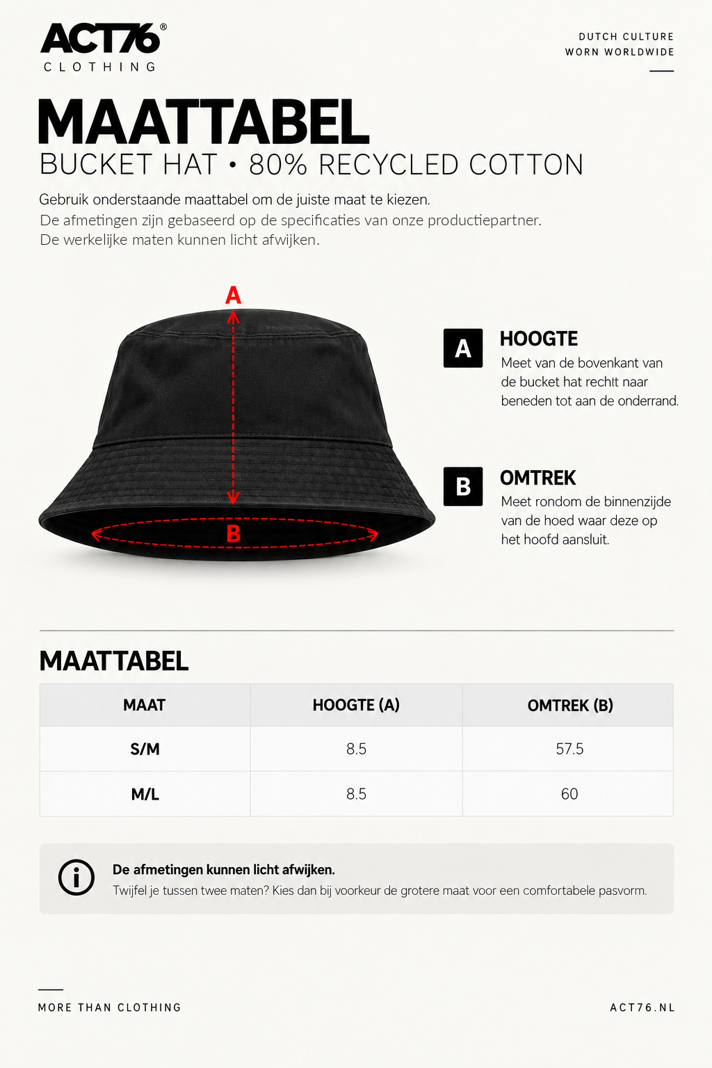 Maattabel voor ACT76 Sloth Logo Bucket Hat – Black