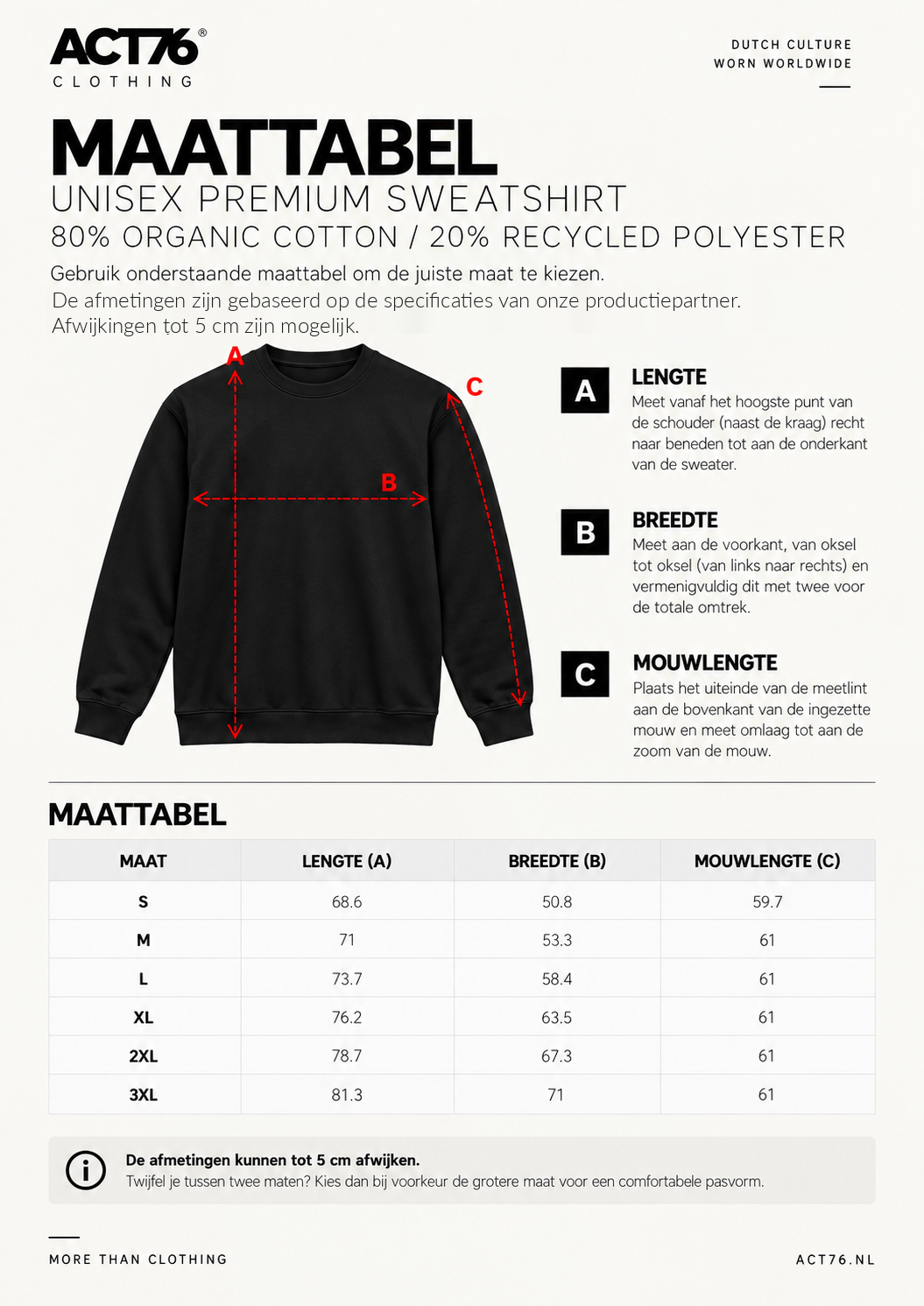 Maattabel voor ACT76 Logo Premium Sweatshirt – Black