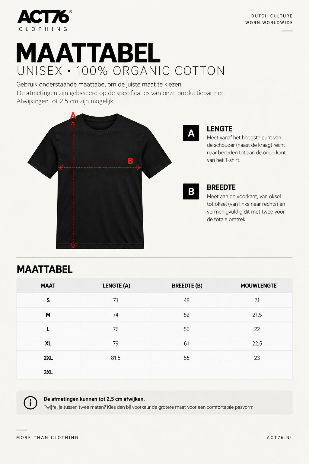 Maattabel voor ACT76 Logo Organic Cotton – Black