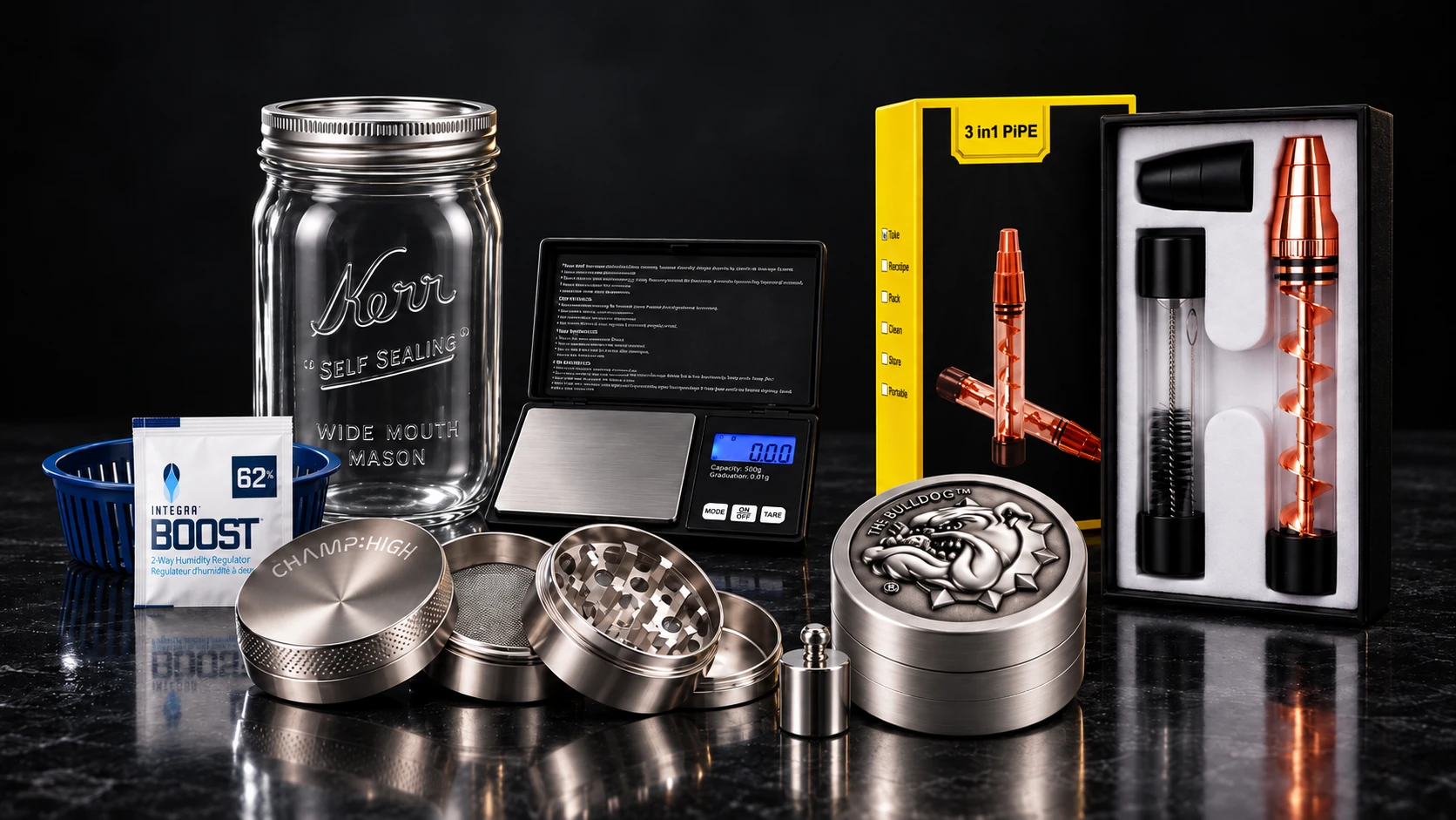 Grinders, weegschalen, opbergen en tools